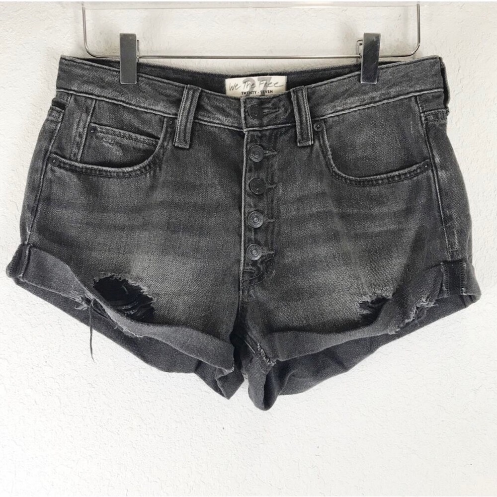 Free People Romeo Rolled Cutoff Distressed Faded Black Button Fly Denim Shorts